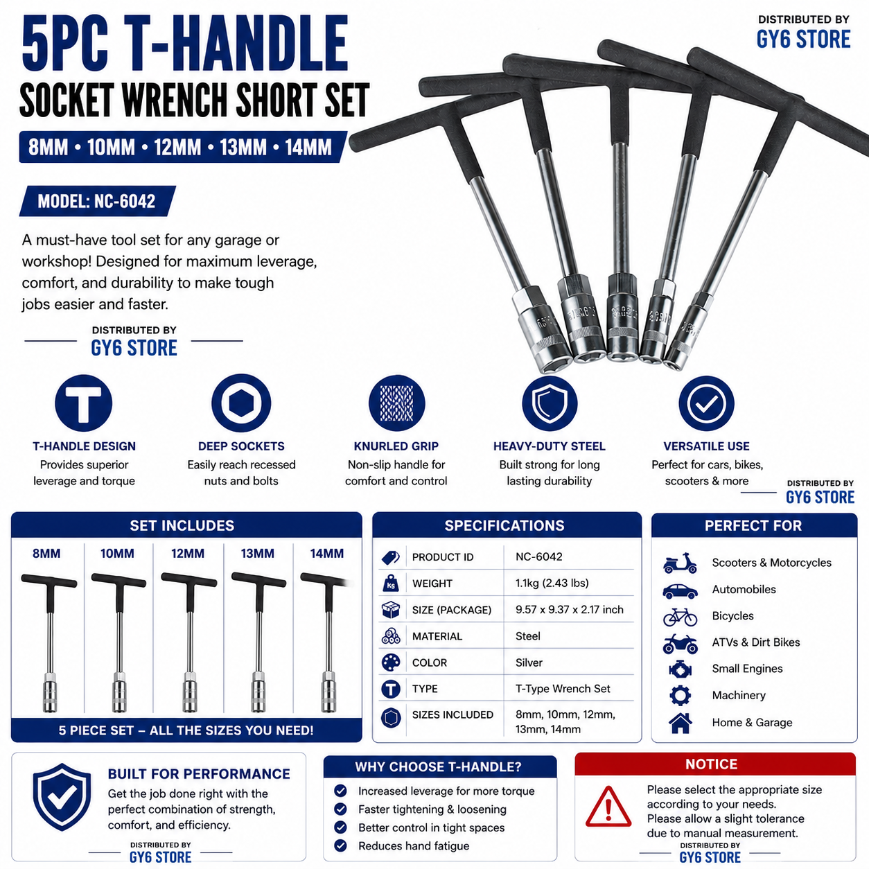 5-Piece T-Handle Socket Wrench Set (8mm, 10mm, 12mm, 13mm, 14mm)