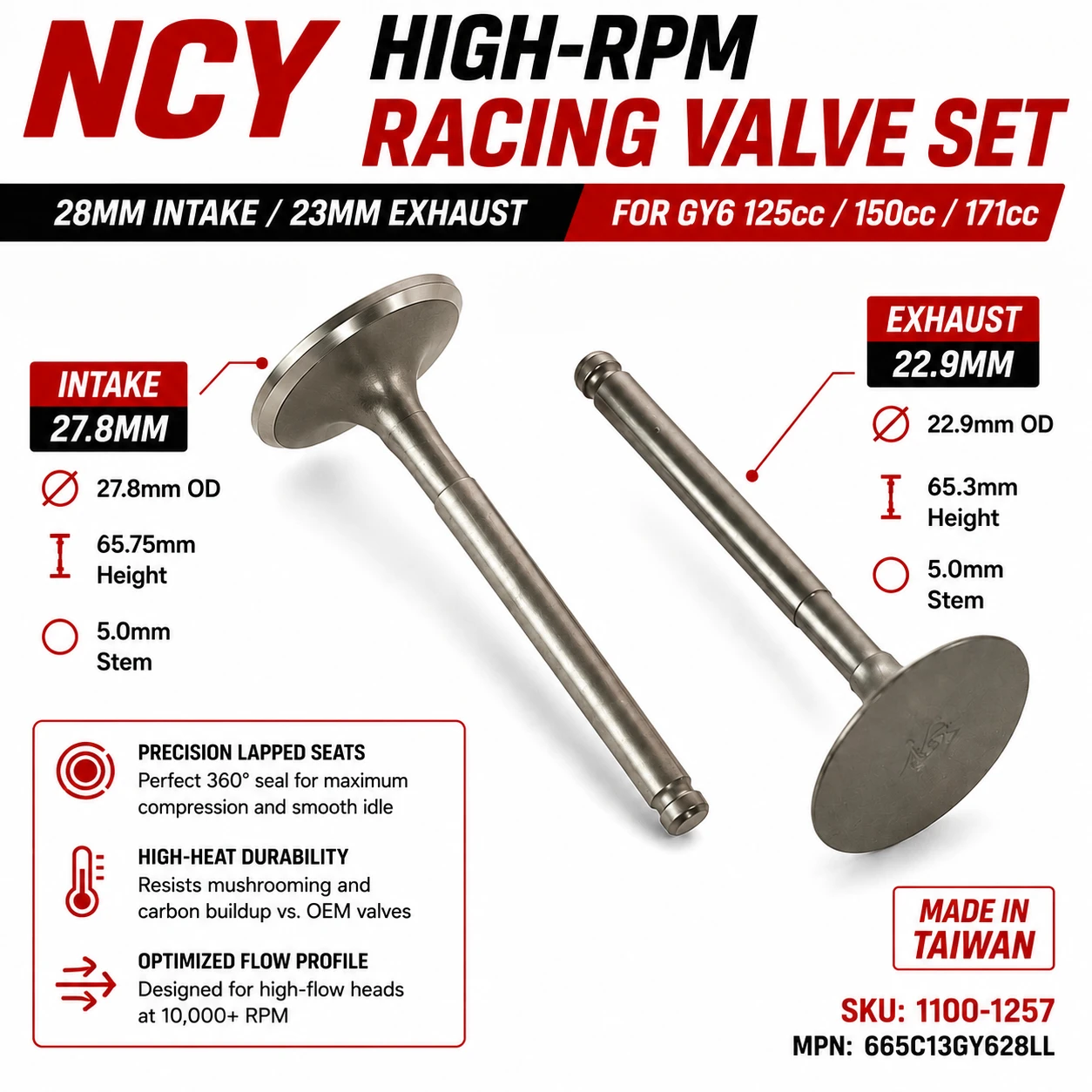 NCY 28/23mm High RPM Racing Intake Exhaust Valves GY6 125 150 171cc Big Bore