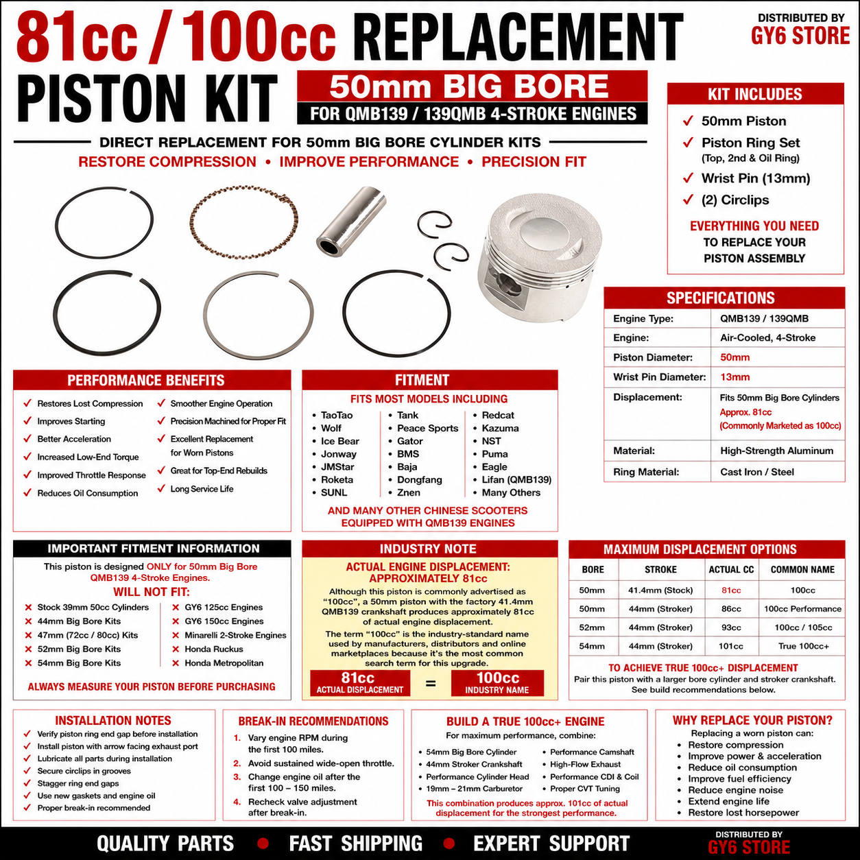 81cc / 100cc QMB139 PISTON & RING SET (50mm BORE)