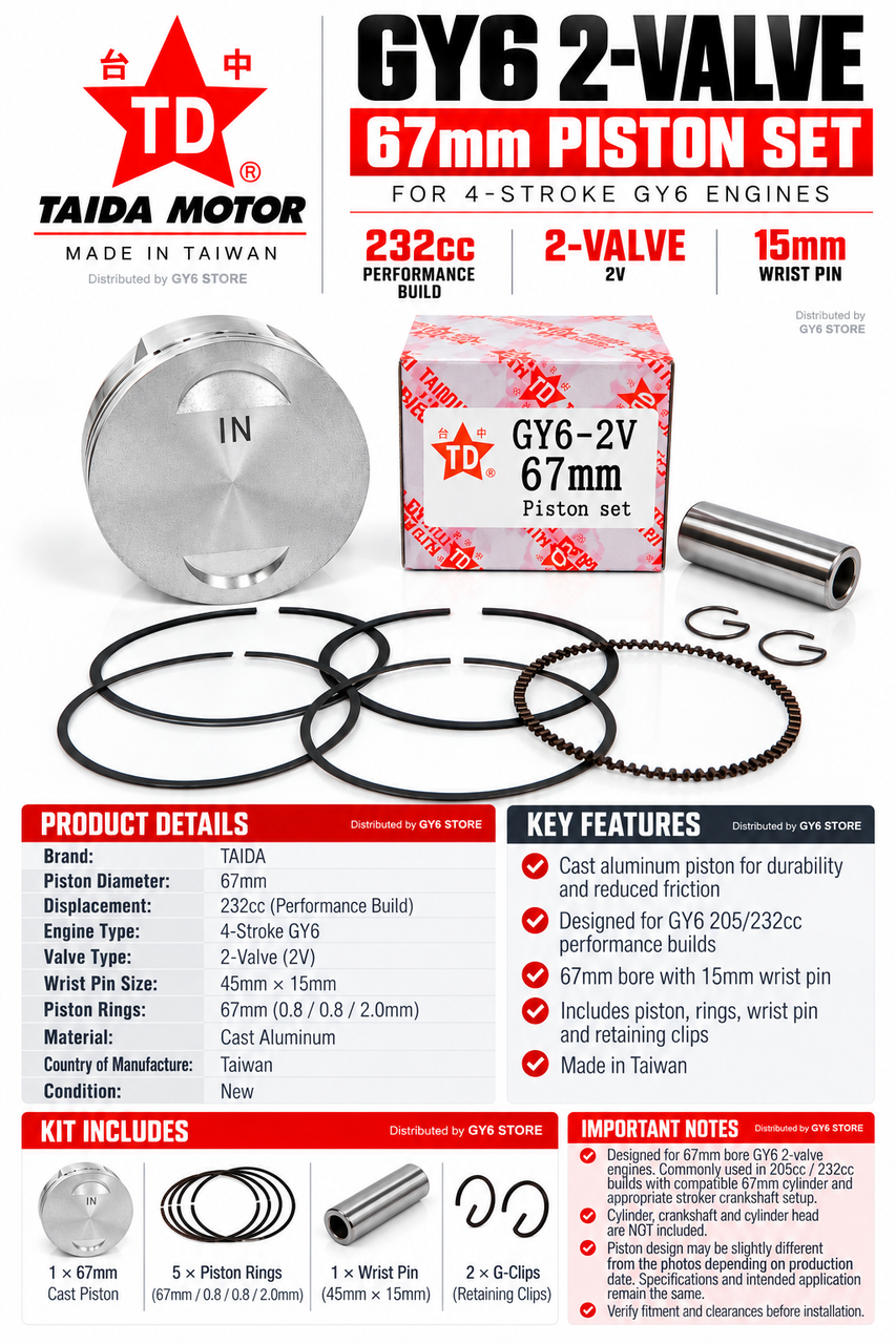 TAIDA 67mm 232cc Cast Piston Kit 15mm Pin 2V GY6 205 232cc Taiwan