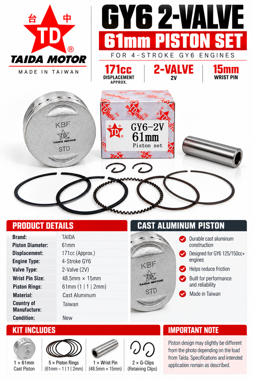 Taida 61mm 171cc Cast Piston Kit 15mm Pin 2V GY6 125 150cc Made Taiwan