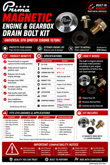 PRIMA MAGNETIC OIL DRAIN KIT FOR (QMB139 & GY6 MOTORS) 