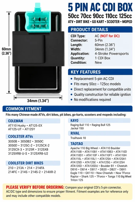 5 PIN CDI BOX FOR 50cc 70cc 90cc 110cc 125cc DIRT BIKE ATV KART 