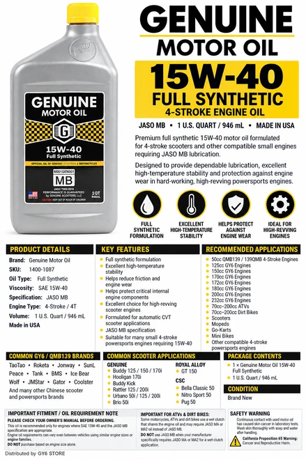 GENUINE 4T MOTOR OIL (15W40, FULL SYNTHETIC MB) 1 QUART *4 STROKE*