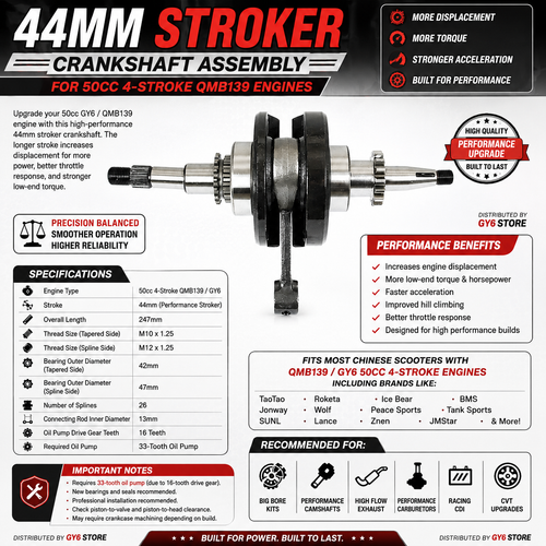 SSP-G 44mm STROKER CRANKSHAFT ASSEMBLY FOR 50cc 4-STROKE QMB139 ENGINES