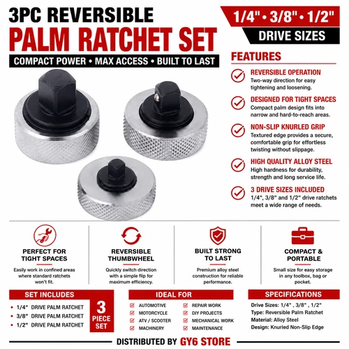 PALM RATCHET SET 1/4” 3/8” 1/2” DRIVE RATCHET SET 3PC REVERSIBLE THUMBWHEEL RATCHET WRENCH SET REVERSIBLE PALM RATCHET WRENCH