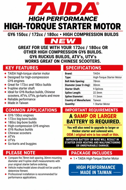 TAIDA PERFORMANCE GY6 HIGH TORQUE 150cc - 180cc STARTER MOTOR