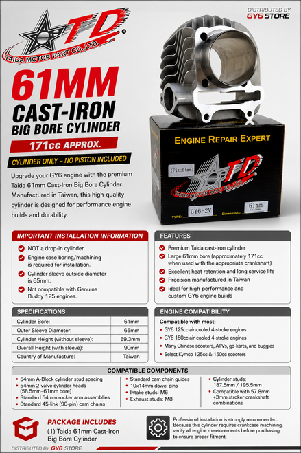 Taida 61mm Big Bore 171cc Cylinder 54mm A-Block GY6 125cc 150cc Taiwan