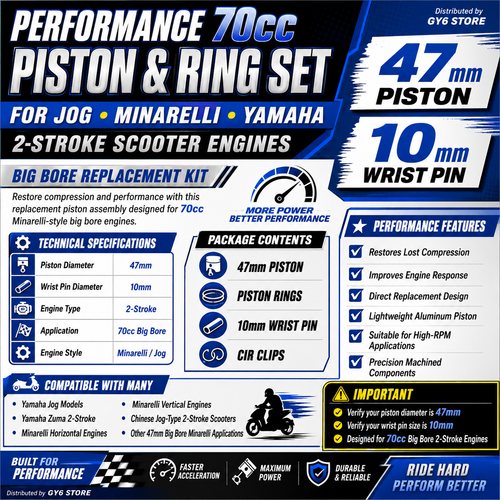 70cc 47mm PISTON AND RING SET 10mm PIN FOR JOG, MINARELLI, 2 STROKE MOTORS