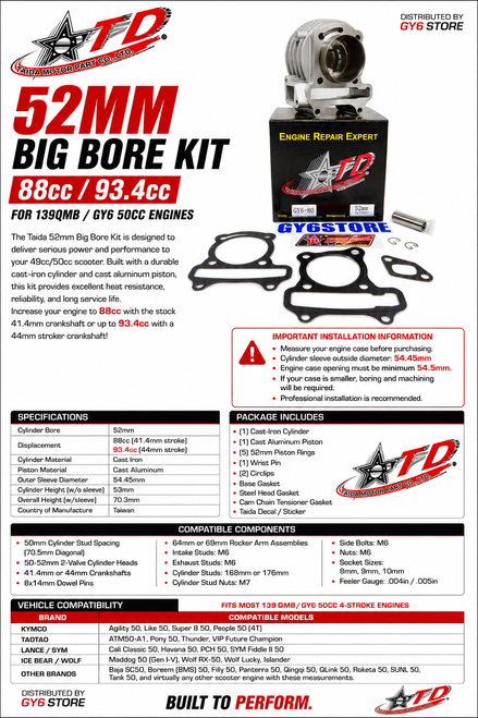 TAIDA 52mm (88cc) QMB139 CYLINDER SET (54mm SPACING) WITH CAST PISTON