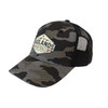 Badlands Paintball camo trucker hat with mountain logo patch side view
