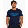 Model wearing Badlands Paintball navy Racer T-shirt