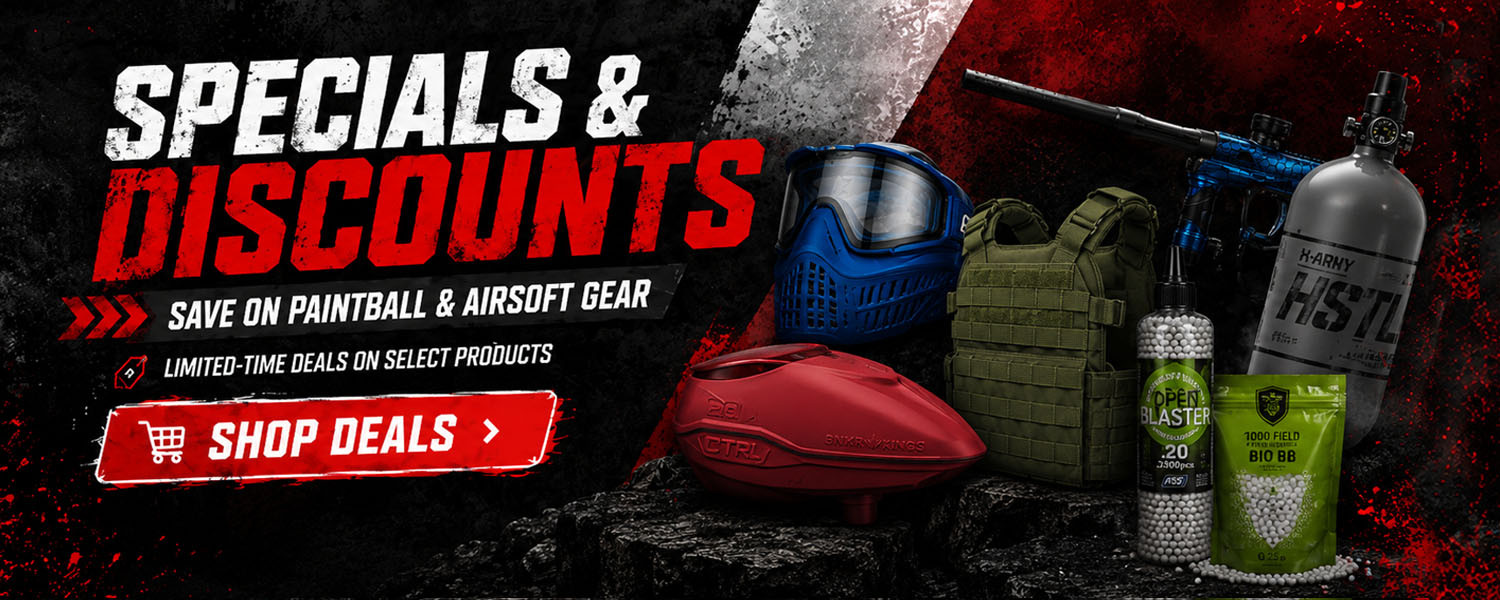 Specials and discounts banner for paintball and airsoft gear with shop deals button