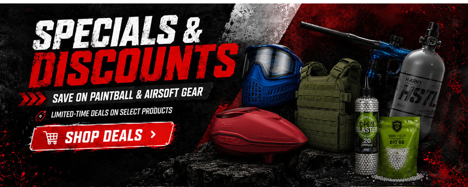 Specials and discounts banner for paintball and airsoft gear with shop deals button