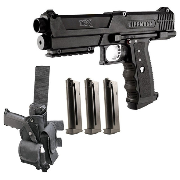 Tippmann TiPX Deluxe Pistol Kit with Black TiPX marker, holster, maintenance kit, and 3 Tru-Feed magazines
