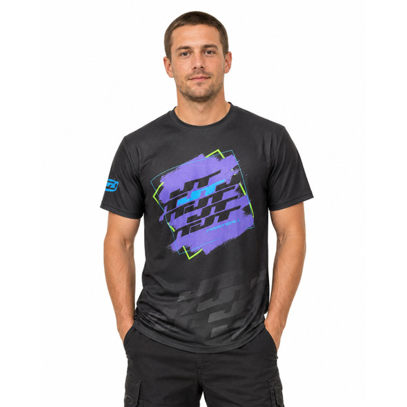 JT Stretchy Soft Paintball T-Shirt Teal/Purple on model