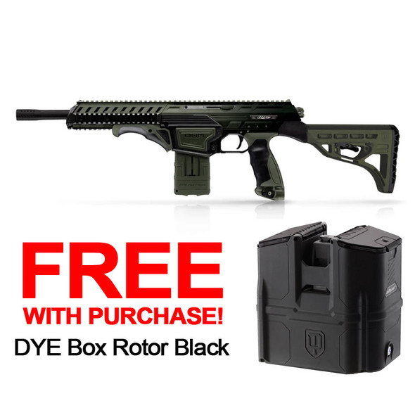 Promotion buy a Dye DAM Paintball Gun - Black/Olive Forest Fade and get a free Box Rotor.