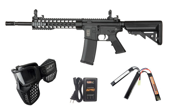 Specna Arms F02 FLEX GATE Airsoft Rifle Starter Package with Goggles, Battery, and Charger – Black