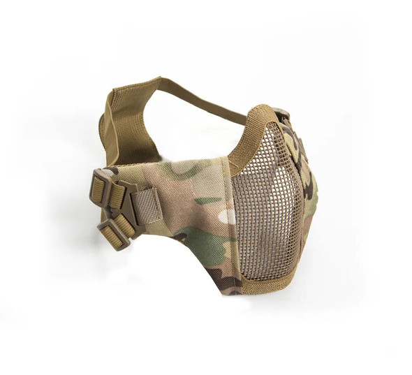 ASG mesh mask with cheek pads in Multicam pattern providing breathable lower-face protection for airsoft players