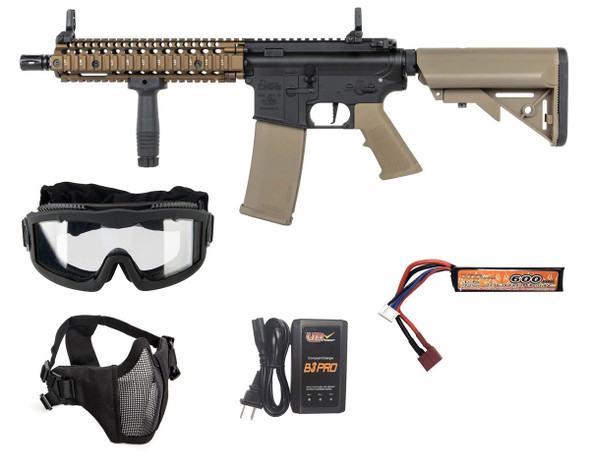 Specna Arms P19 PRIME Daniel Defense MK18 HAL ETU airsoft starter package in Chaos Bronze with included battery, charger, goggles, and mesh mask