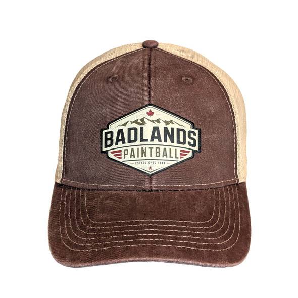 Badlands Paintball brown and tan trucker hat with mountain logo patch front