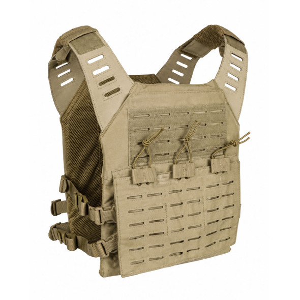 AIR RAID Laser Cut Plate Carrier in tan with triple rifle mag pouch and MOLLE slots