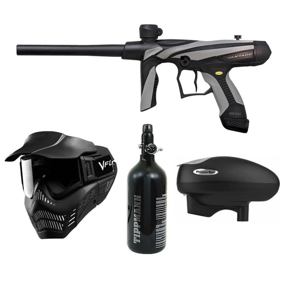 Tippmann Vantage Advanced Paintball Gun Package in black/grey with VMAX+ loader, mask, and 48/3000 HPA tank
