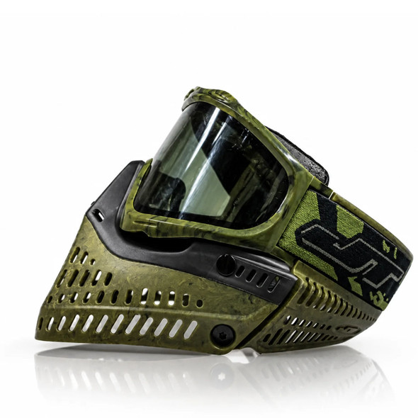 JT Spectra Proflex LE Marble Paintball Mask in SandBagger Olive with clear thermal lens - Left Side