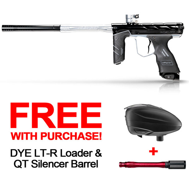 DYE DSR Pro Onyx (Black) Paintball Gun Pictured with Dye LT-R Black and QT Barrel Red - Promotion
