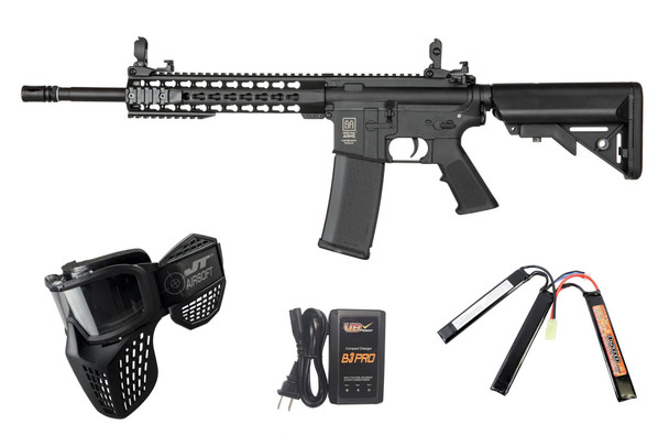 Specna Arms F02 FLEX GATE Airsoft Rifle Starter Package with Goggles, Battery, and Charger – Black