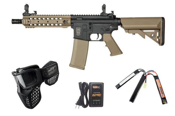Specna Arms F01 FLEX Gate X-ASR Airsoft Starter Package with Goggles, Battery, and Charger – Black/Tan