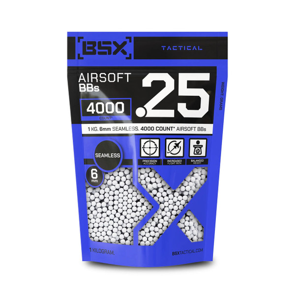 BSX Tactical .25g Airsoft BBs in white 1KG resealable bag with approximately 4000 seamless 6mm BBs