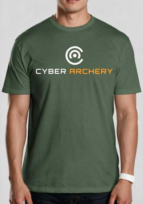 The Cyber Archery Tee shirt. Printed on a Olive Tee.