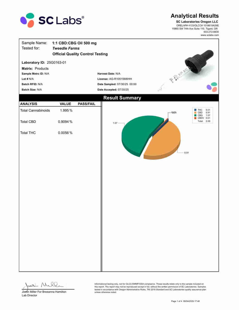 Tweedle Farms 1:1 CBD:CBG Oil 29.99