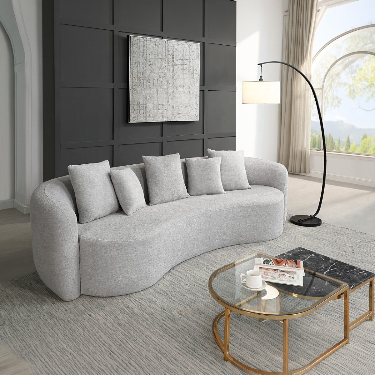 Barasa Gray Oversized Compressed Sofa, Chenille, Includes 5