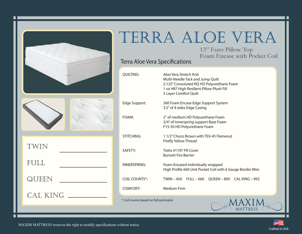 Terra Aloe Vera 13" Euro Pillow Top Queen Size Mattress