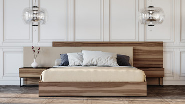 Queen Nova Domus Matteo Italian Modern Walnut & Fabric Bed + 2 Nightstands + Dresser Set / VGACMATTEO-BEDNSD-SET-Q