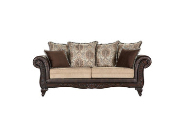 Elmbrook Upholstered Rolled Arm Sofa with Intricate Wood Carvings Brown / CS-508571