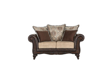 Elmbrook Upholstered Rolled Arm Loveseat with Intricate Wood Carvings Brown / CS-508572