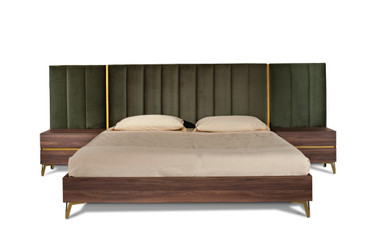 Queen Nova Domus Calabria Modern Walnut & Green Velvet Bed & Nightstands / VGACCALABRIA-BED-Q