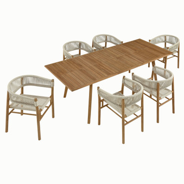 Vienna 7-Piece Outdoor Patio Teak and Rope Dining Set with Curved-Back Armchairs / EEI-6930