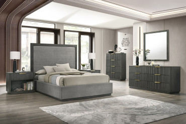 Queen Nova Domus Santa Barbara + Santa Monica - Modern Grey Fabric + Grey Wash Bedroom Set / VGMA-BR-152-BR-144-SET-GRY-Q