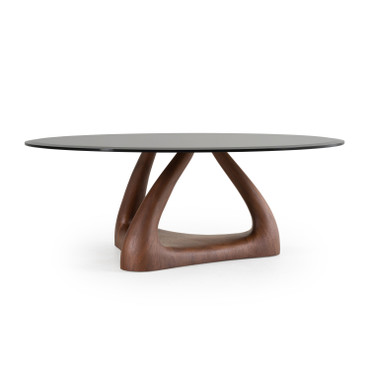 Christy - Mid-Century Modern Grey Glass + Walnut Round Coffee Table / VGRY-RY-1166