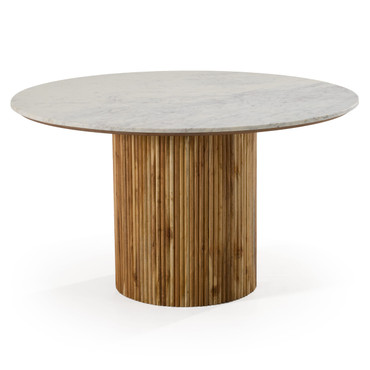 Shirley - Modern White Marble + Natural Acacia Round Dining Table / VGNR-NI90125