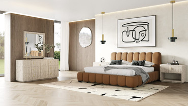 Queen Modrest Harris + Roma - Modern Brown Fabric + Faux Travertine 4-Piece Bedroom Set / VGKK-KF.B2032-ROMA-4PC-Q