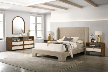 Eastern King Modrest Emilio - Modern Beige Fabric + Burlap + Walnut 4-Piece Bedroom Set / VGMA-BR-177-SET-EK
