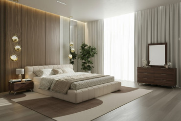 Queen Tyree + Brooklyn - Modern Off-White Fabric + Walnut 4-Piece Bedroom Set / VGOD-TYREE-BROOKLYN-SET-Q