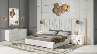 Queen Modrest Nixa - Modern White + Gold 4-Piece Bedroom Set / VGVC-BD1909-4PCSET-WHT-Q