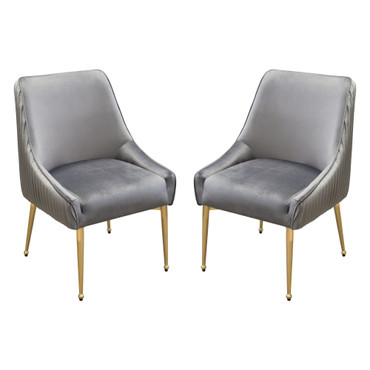 Set of (2) Quinn Dining Chairs w/ Vertical Outside Pleat Detail and Contoured Arm in Grey Velvet w/ Brushed Gold Metal Leg / QUINNDCGR2PK