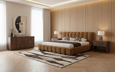 Queen Harris + Roma - Modern Brown Fabric + Walnut 4-Piece Bedroom Set / VGKK-KF.B2032-ROMA-BRNWAL-4PC-Q